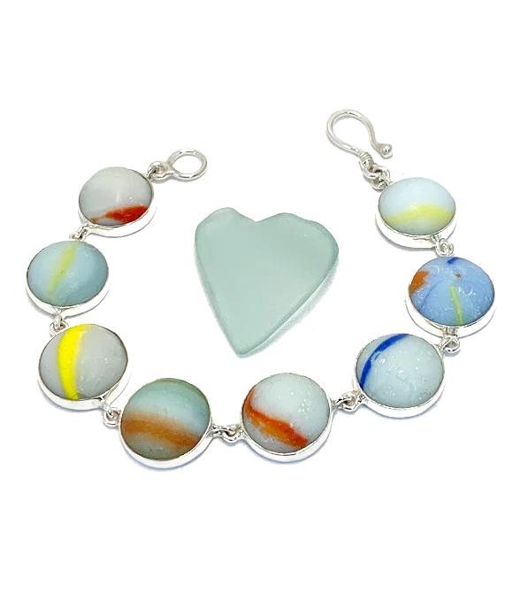 Colorful White Rainbow Sea Glass Marble Bracelet - 7 1/2