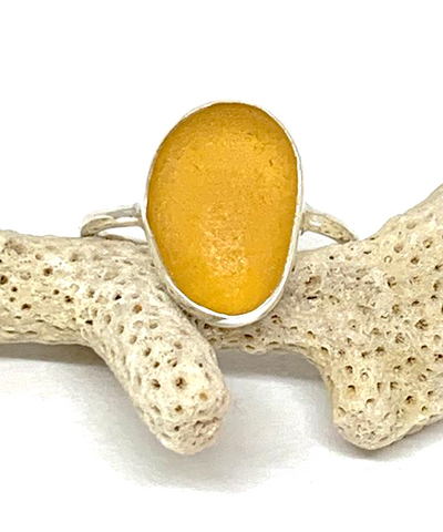 Rich Amber Sea Glass Ring - Size 6