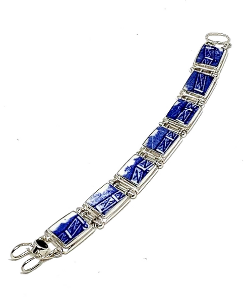 Blue and White On a Fence Pattern Vintage Pottery Barbell Connection Bracelet - 7