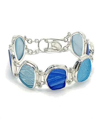 Shades of Blue and Aqua Textured Sea Glass Barbell Cuff Bracelet