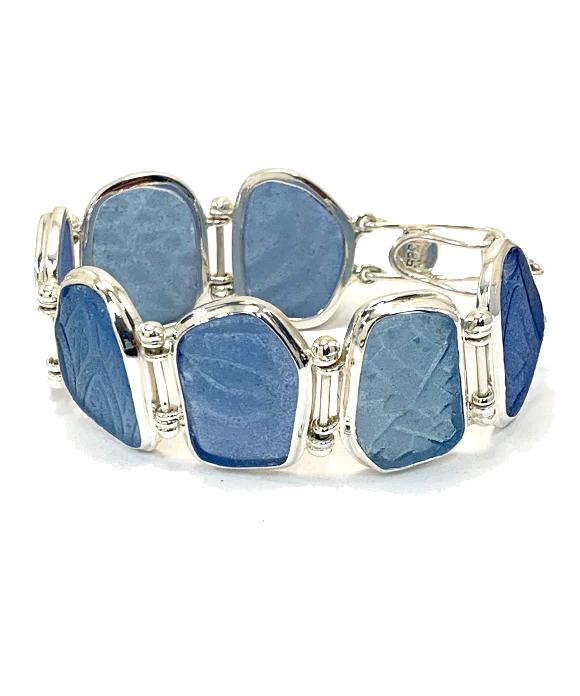 Shades of Textured Blue Sea Glass Barbell Cuff Bracelet