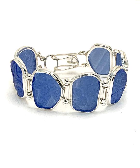 Blue Textured Sea Glass Barbell Cuff Bracelet