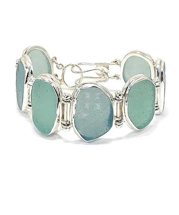Coke Bottle Blue Textured Sea Glass Barbell Cuff Bracelet