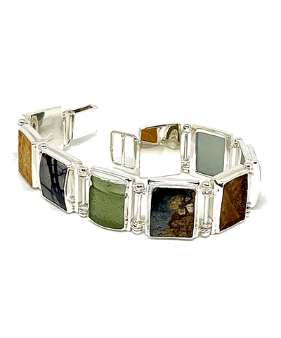 Dark Earth Tone Sea Glass with Picasso Jasper Stone Barbell Cuff Bracelet