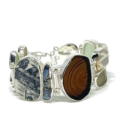 Textured Earth Tone Sea Glass and Sea Pottery with Pearl Cluster Bracelet