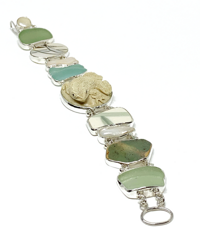 Textured Aqua Sea Glass and Sea Pottery with Hand Carved Frog Cluster Bracelet