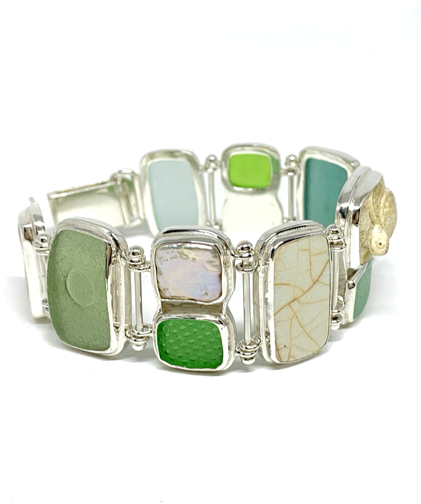 Green & Aqua Sea Glass, Sea Pottery, Pearl & Fossilized Ivory Turtle Barbell Cuff Bracelet