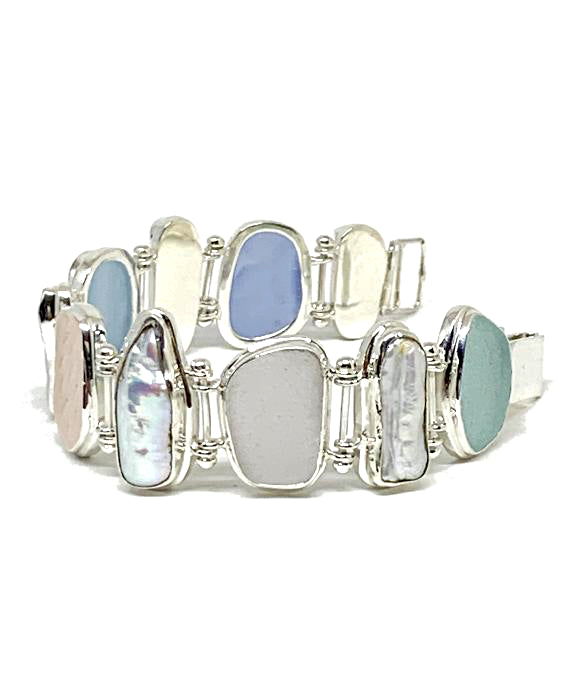 Pastel Sea Glass with Biwa Pearls Barbell Style Cuff Bracelet