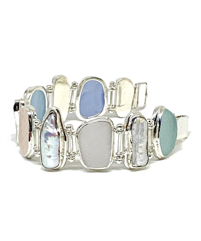 Pastel Sea Glass with Biwa Pearls Barbell Style Cuff Bracelet