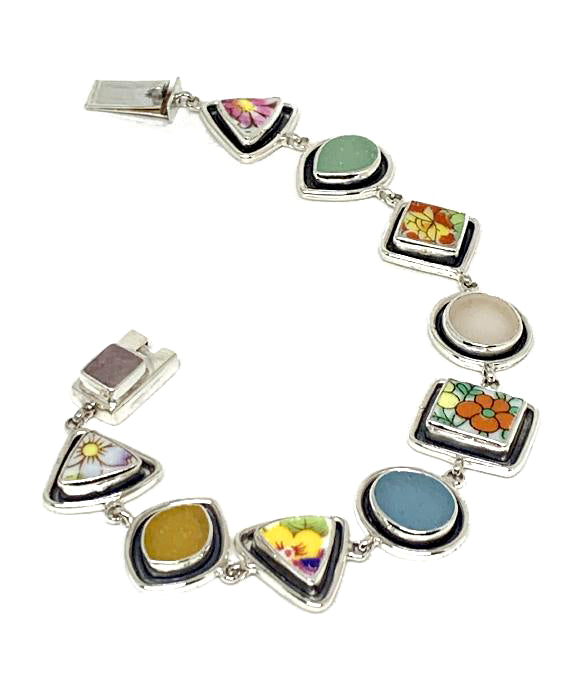 Bright Floral Vintage Pottery with Pastel Sea Glass Silver Framed Bracelet - 7 3/4