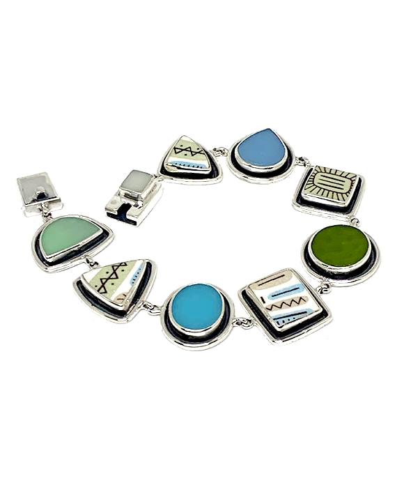 Mid Century Modern Pottery with Green & Blue Stained Glass Silver Framed Bracelet