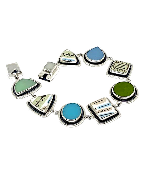 Mid Century Modern Pottery with Green & Blue Stained Glass Silver Framed Bracelet