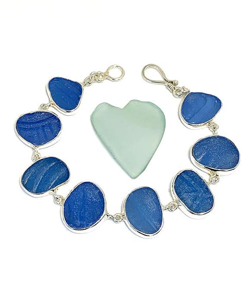 Shades of Blue Textured Sea Glass Bracelet - 7 1/2