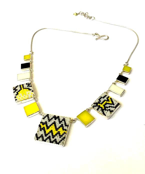 Yellow, White & Black Beaded Fused Glass Choker with Stained Glass