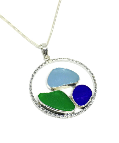 Green, Aqua and Cobalt Sea Glass Hoop Pendant on Sterling Chain