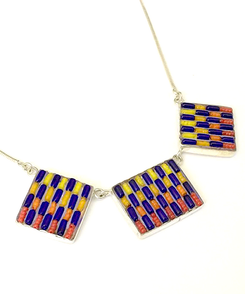Cobalt Blue, Red, Orange & Yellow Striped Beaded Fused Glass Choker