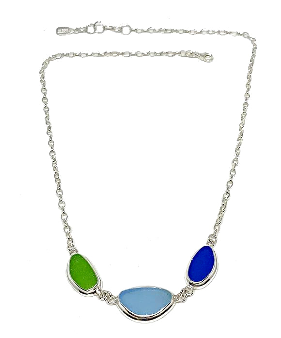 Lime Green,  Aqua & Cobalt 3 Piece Sea Glass Necklace