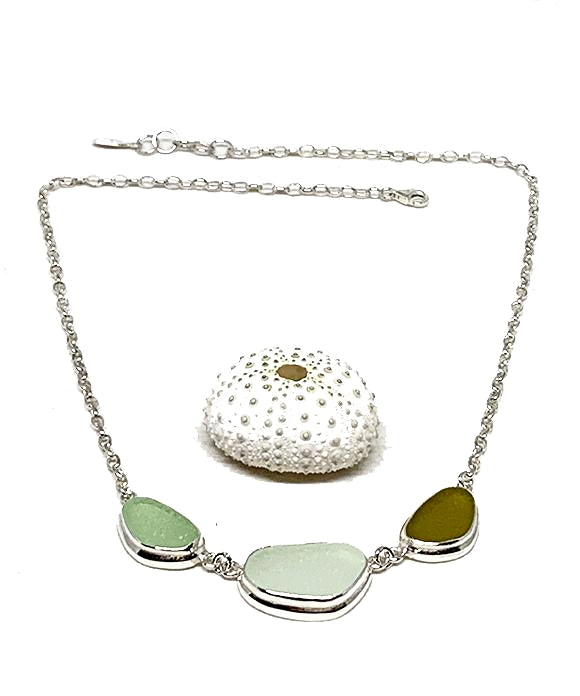 Soft Aqua, Clear & Olive 3 Piece Sea Glass Necklace