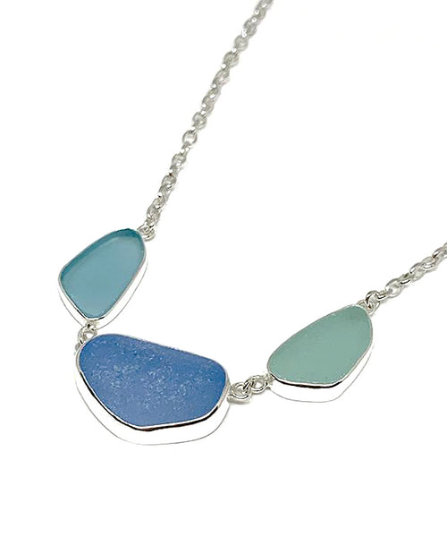 Aqua, Blue & Coke Bottle Blue 3 Piece Sea Glass Necklace