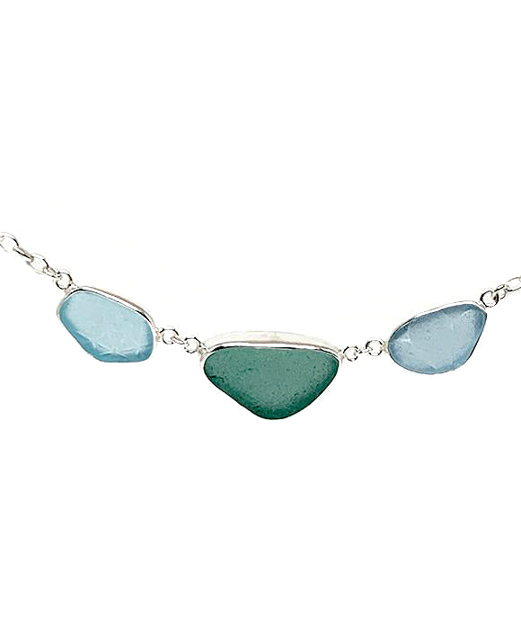 Textured Aqua, Turquoise & Textured Soft Blue 3 Piece Sea Glass Necklace