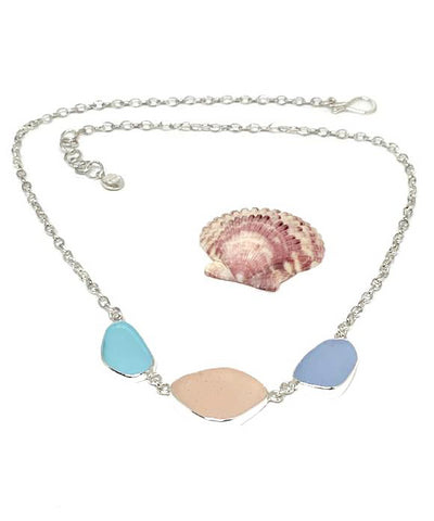 Aqua, Pink & Periwinkle Blue 3 Piece Sea Glass Necklace