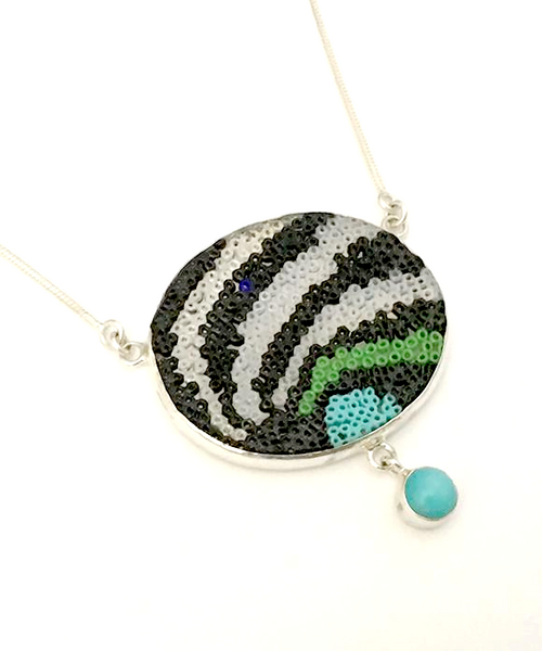 Black, White, Green & Aqua Abstract Beaded Fused Glass Choker with Amazonite