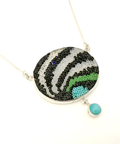Black, White, Green & Aqua Abstract Beaded Fused Glass Choker with Amazonite