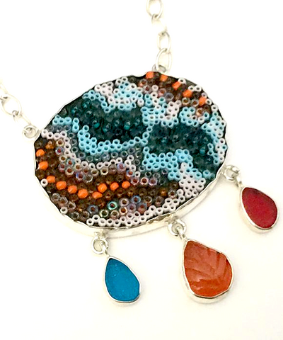 Turquoise, Orange & Red Abstract Beaded Fused Glass Choker with Sea Glass Drops