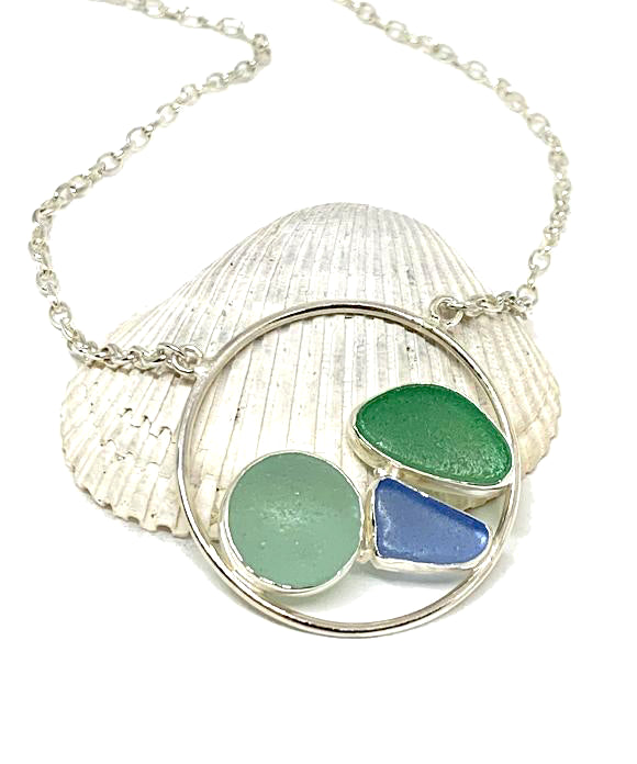 Aqua Sea Marble with Blue and Green Sea Glass Hoop Necklace