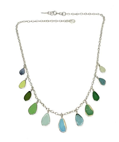 Green & Aqua Sea Glass and Sea Pottery 11 Piece Charm Necklace
