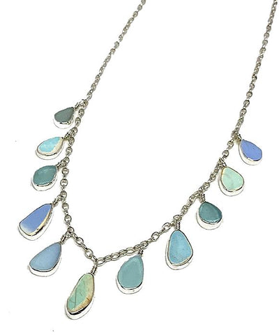 Aqua Sea Glass and Sea Pottery 11 Piece Charm Necklace