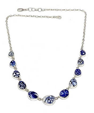 Blue & White Floral Vintage Pottery 11 Piece Necklace