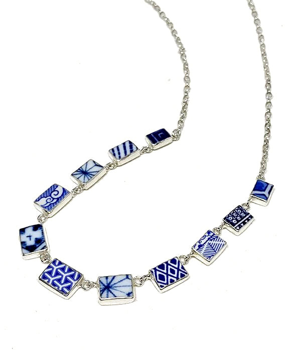 Blue & White Geometric Vintage Pottery 11 Piece Necklace