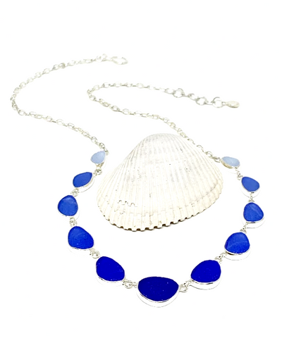Light Blue, Textured Blue to Dark Cobalt Blue Graduating 11 Piece Sea Glass Necklace