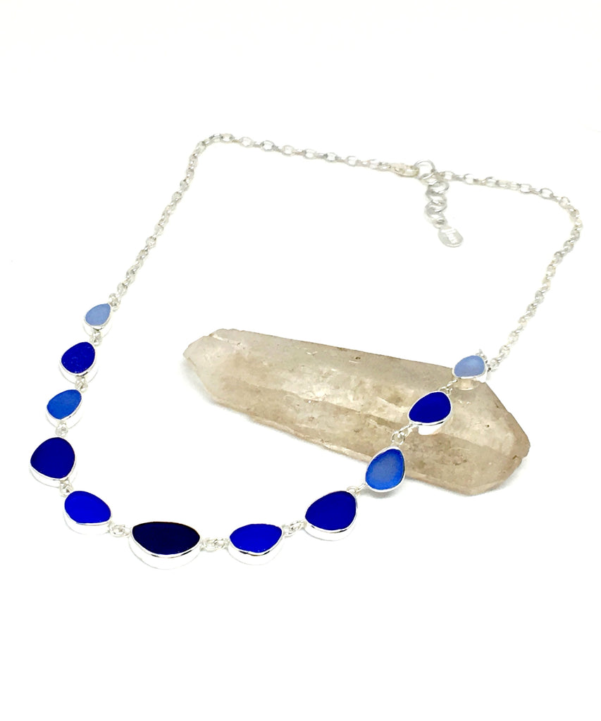 Cobalt to Aqua Alternating 11 Piece Sea Glass Necklace