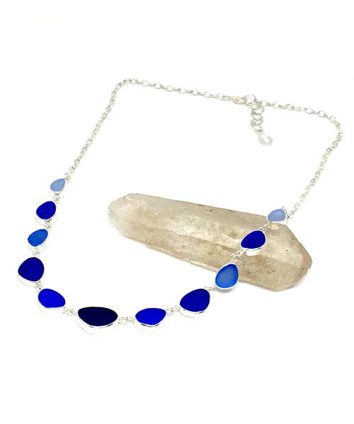 Cobalt to Aqua Alternating 11 Piece Sea Glass Necklace