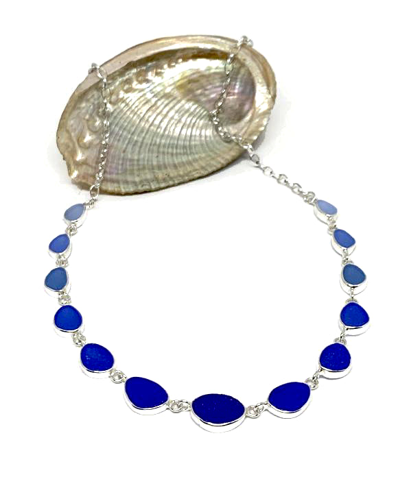Soft Blue to Dark Cobalt Blue Graduating 13 Piece Sea Glass Necklace