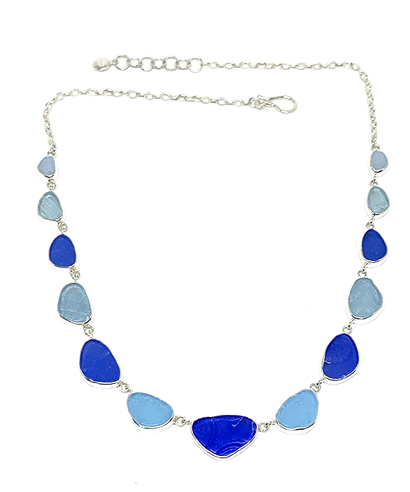 Textured Blue and Aqua 13 Piece Sea Glass Necklace