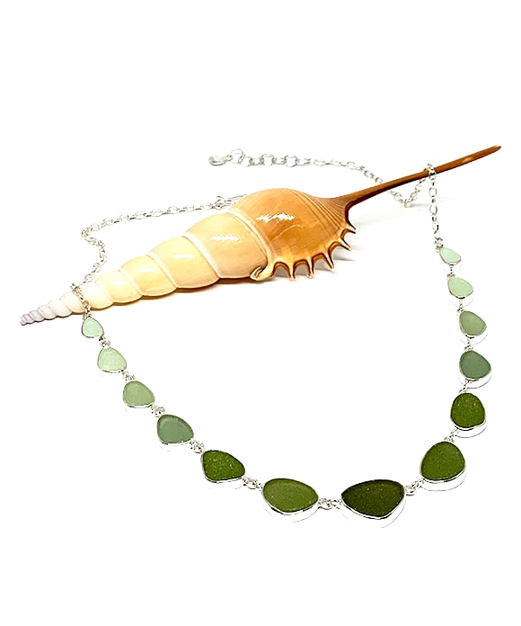 Light Aqua, Sage Green to Dark Olive Graduating 13 Piece Sea Glass Necklace