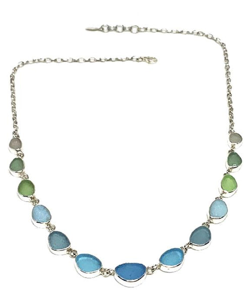 Aqua, Green to Clear Graduating 15 Piece Sea Glass Necklace