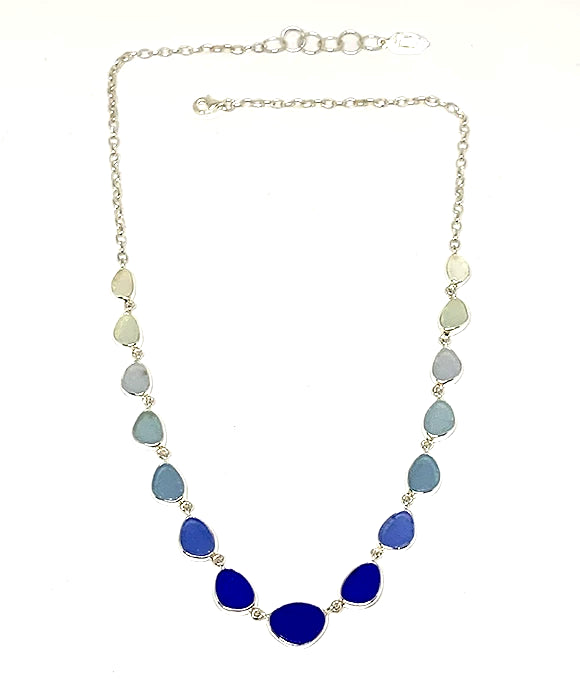 Clear, Blue, Cobalt Graduating 15 Piece Sea Glass Necklace