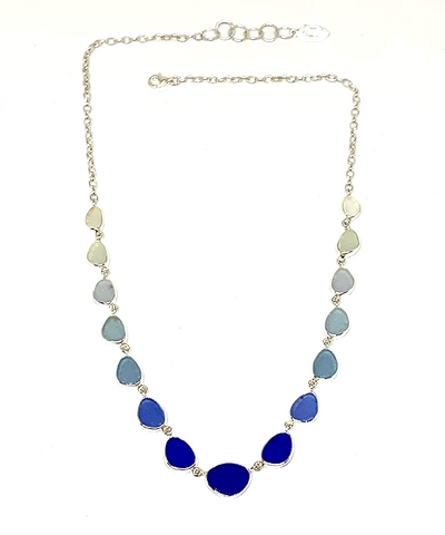 Clear, Blue, Cobalt Graduating 15 Piece Sea Glass Necklace