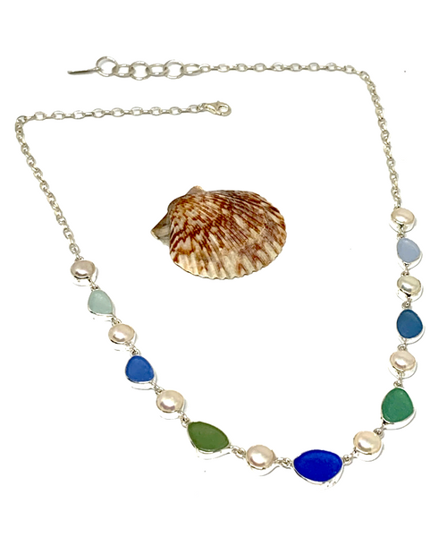 Blue, Green & Aqua Sea Glass with Pearl 15 Piece Necklace