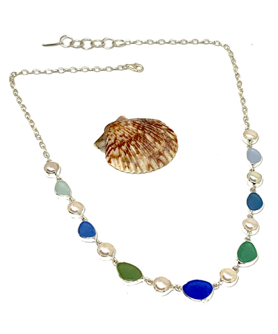 Blue, Green & Aqua Sea Glass with Pearl 15 Piece Necklace