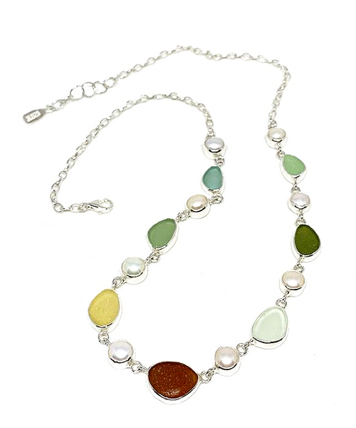 Earth Tone Sea Glass and Pearl 15 Piece Sea Glass Necklace