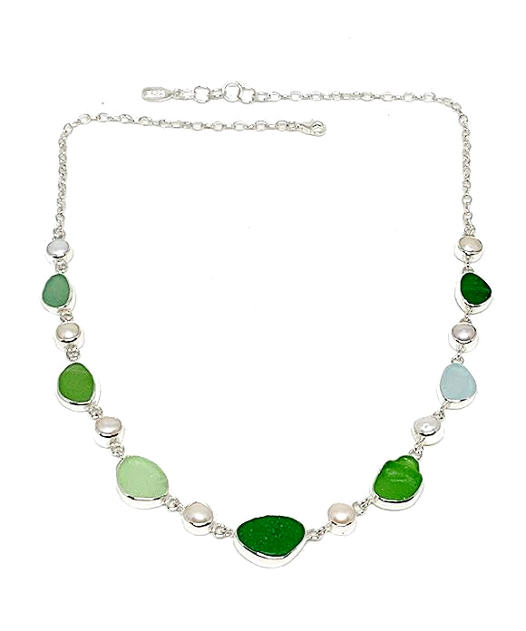 Green & Aqua Sea Glass and Pearl 15 Piece Sea Glass Necklace