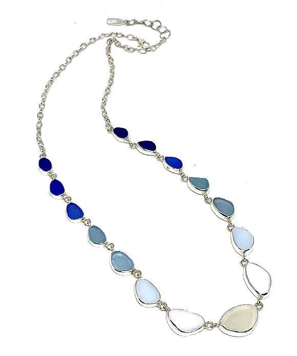 Clear, White Milk Glass, Blue to Cobalt Graduating 15 Piece Sea Glass Necklace