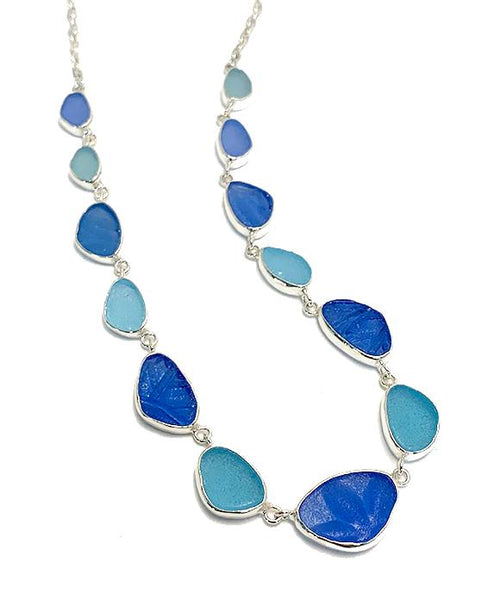Soft Blue, Aqua and Textured Cobalt Blue 13 Piece Sea Glass Necklace