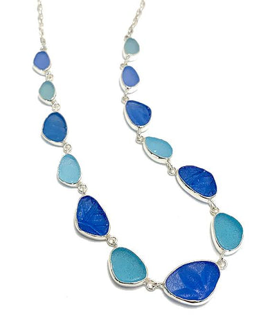Soft Blue, Aqua and Textured Cobalt Blue 13 Piece Sea Glass Necklace