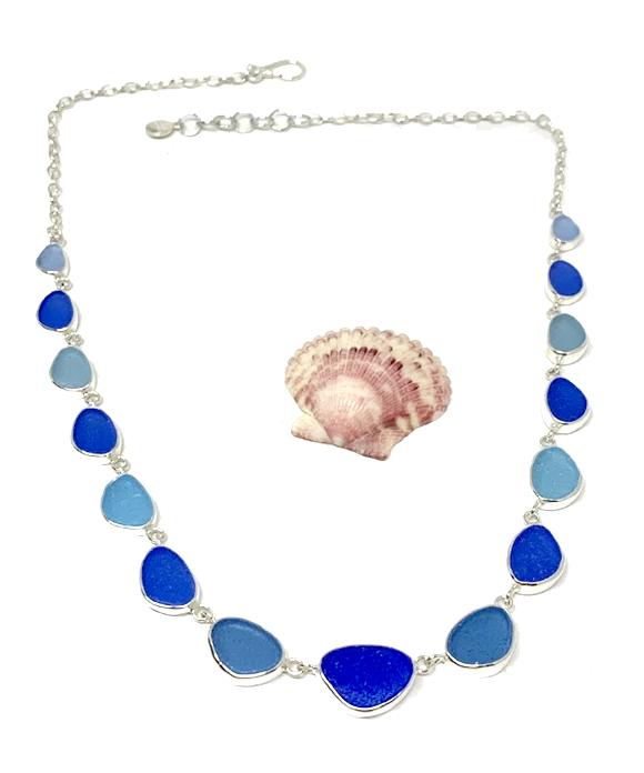 Soft Blue, Aqua and Dark Cobalt Blue Graduating 15 Piece Sea Glass Necklace